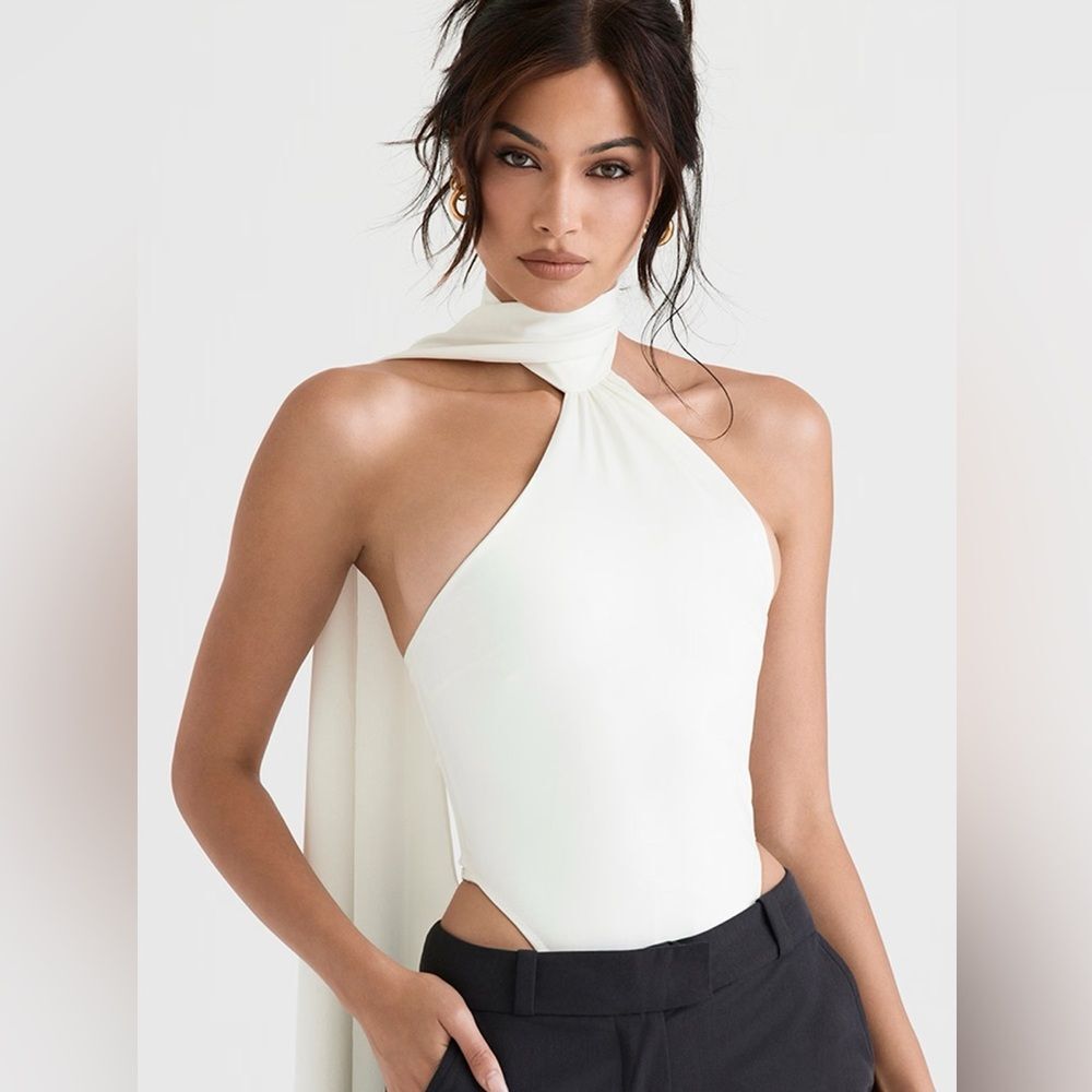 House of CB Satin Wrap Neck Bodysuit M - White